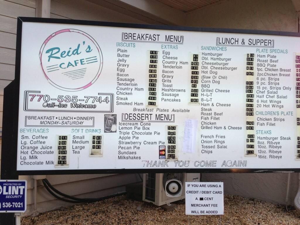 Menu at Reid's Cafe, Gainesville