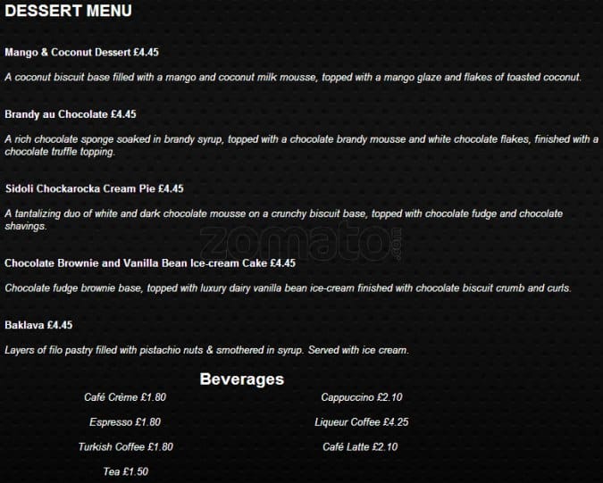 Menu at Efes pub & bar, Manchester