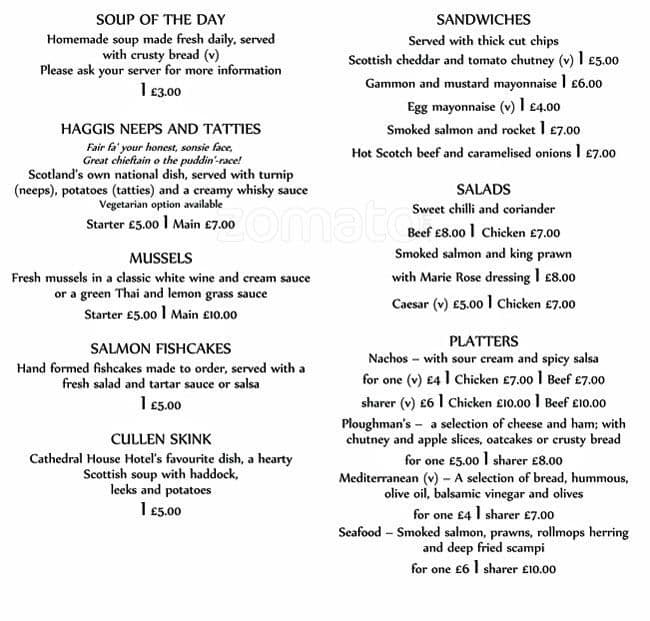 Menu at Cathedral House pub & bar, Glasgow, 2832 Cathedral Square