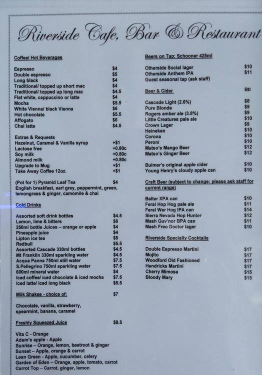 Menu At Riverside Cafe Perth Eastern Pavilion