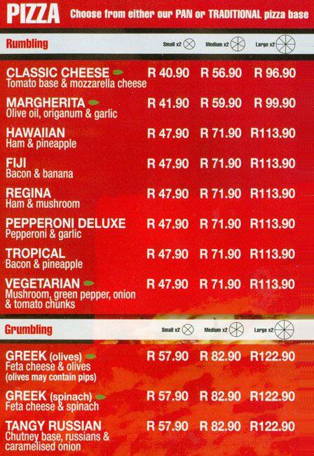 Romans pizza menu, menu for romans pizza, hartbeespoort ...