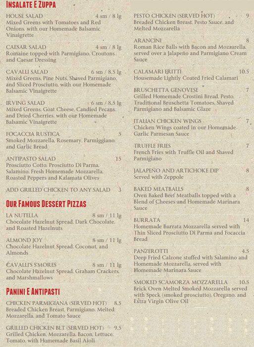 Cavalli Pizza Menu, Menu for Cavalli Pizza, Irving, Irving Urbanspoon/Zomato