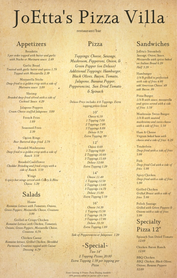 Menu at Jo Etta's Pizza Villa pizzeria, Linton