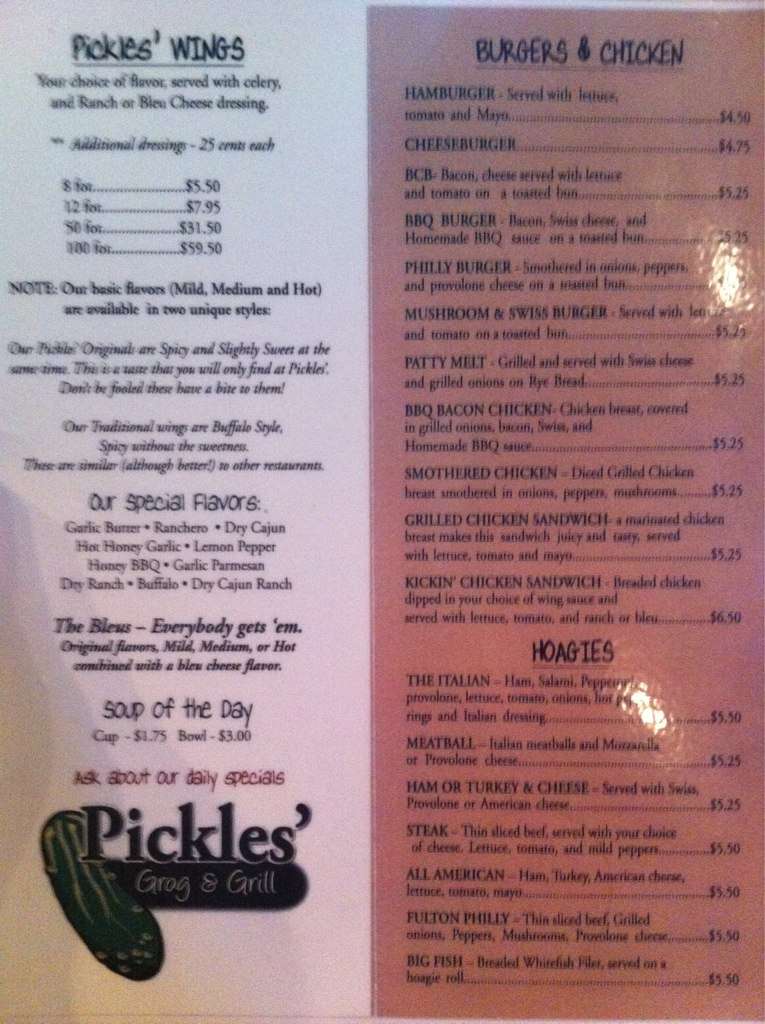 Menu at Pickles pub & bar, Wheeling