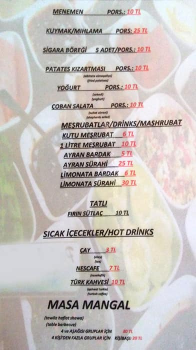 Menu at Park Asya, Istanbul
