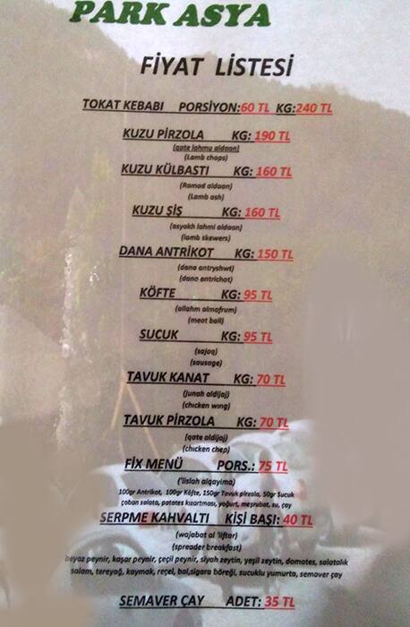 Menu at Park Asya, Istanbul
