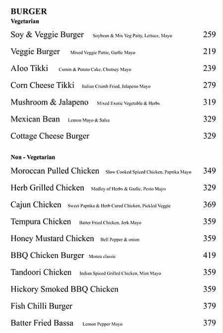 Cafe Monza menu