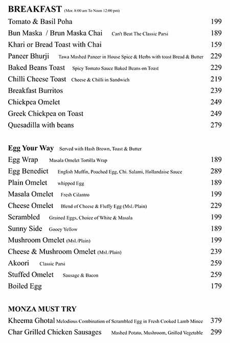 Cafe Monza menu