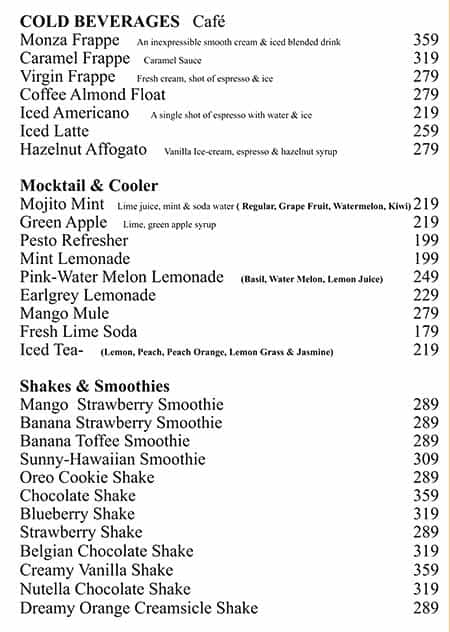 Cafe Monza menu