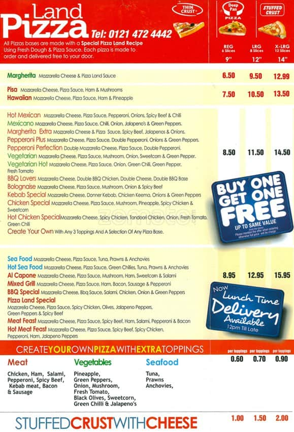 Pizza Land Menu, Menu for Pizza Land, Selly Oak, Birmingham - Zomato UK