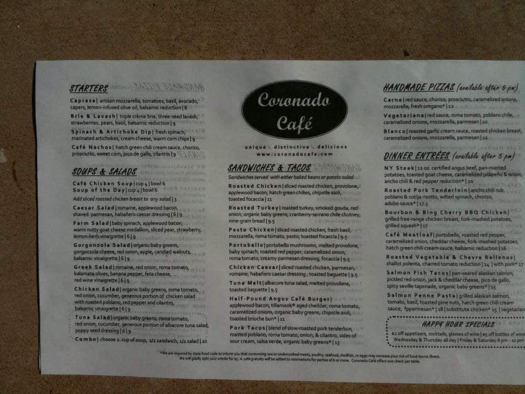 Coronado Cafe Menu, Menu for Coronado Cafe, Midtown, Phoenix