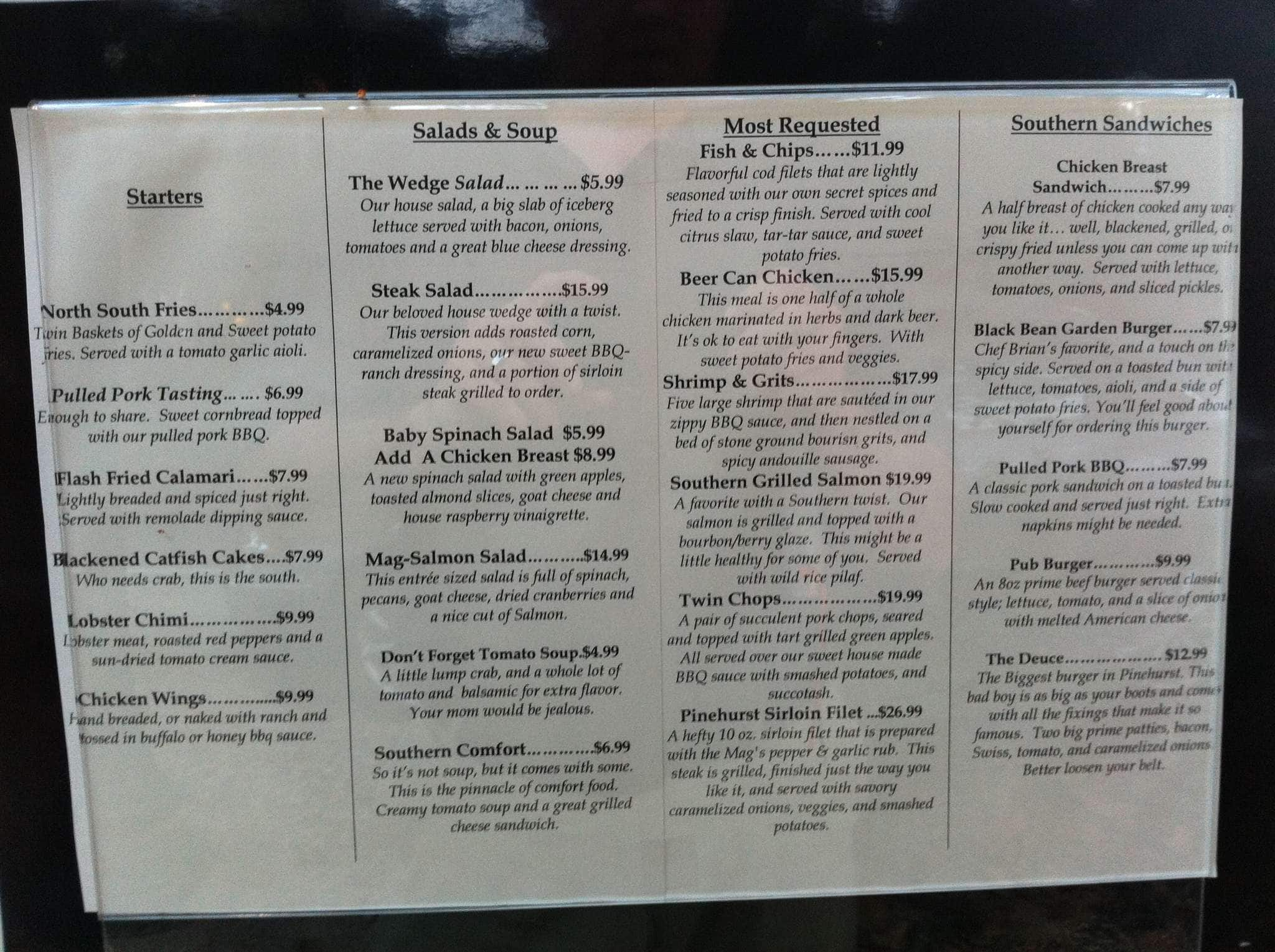 Menu at Magnolia Inn pub & bar, Pinehurst