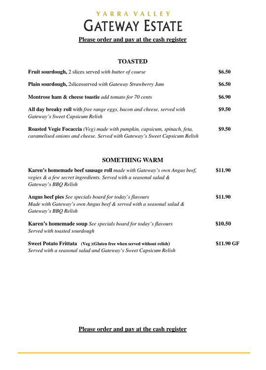 Gateway Estate Cafe menu