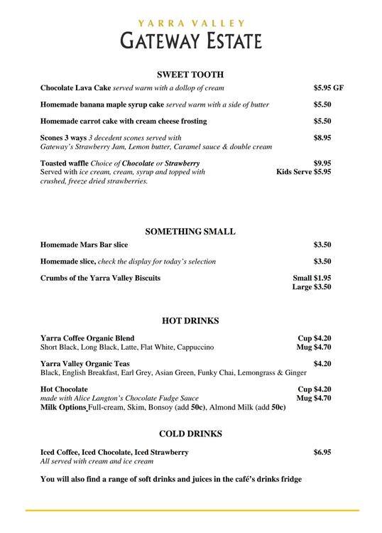 Gateway Estate Cafe menu