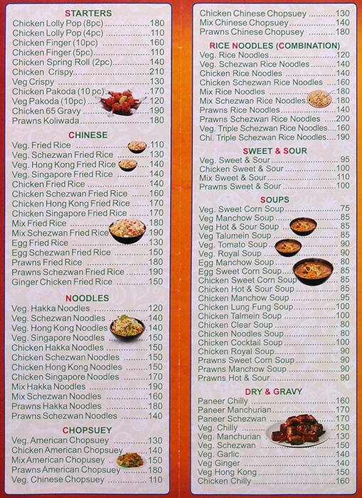 Menu at Kerala Darbar, Mumbai