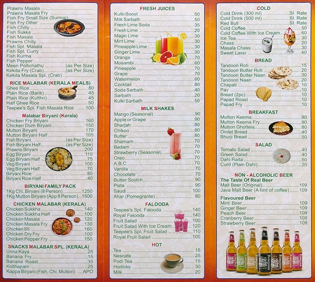 Menu at Kerala Darbar, Mumbai