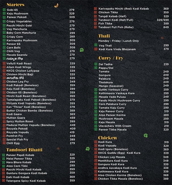 Menu at Kodi Kura Chitti Gaare, Kokapet, Hyderabad