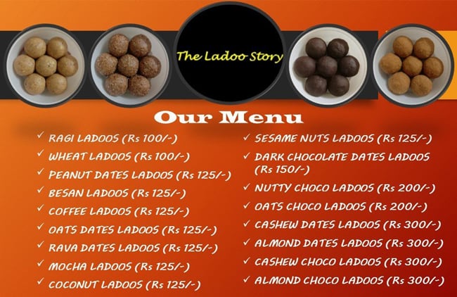 Menu of The Ladoo Story, Perambur, Chennai