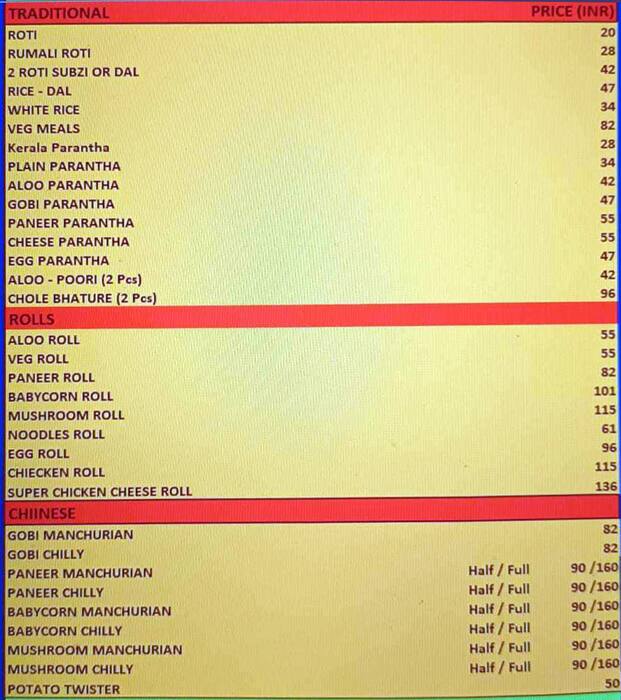 Menu of Poonam’s Restaurant, Kumaraswamy Layout, Bangalore