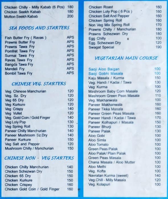 Swagat Garden menu