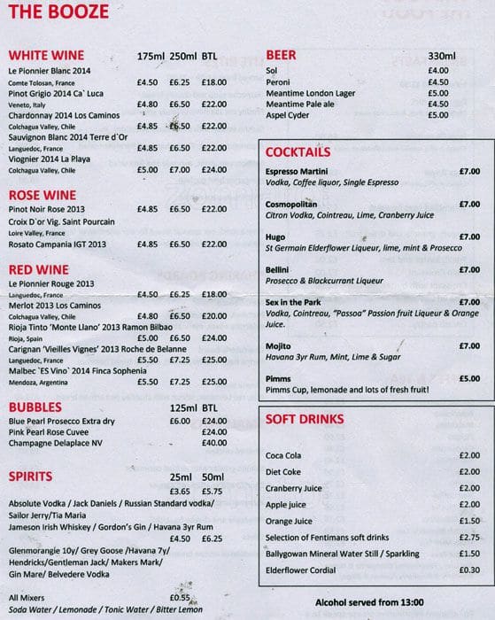 Park Theatre Cafe Bar Menu, Menu for Park Theatre Cafe Bar, Finsbury
