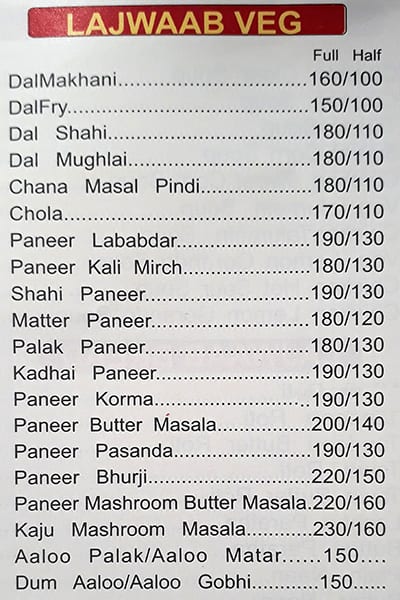 Lajwab restaurant menu