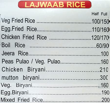 Lajwab restaurant menu