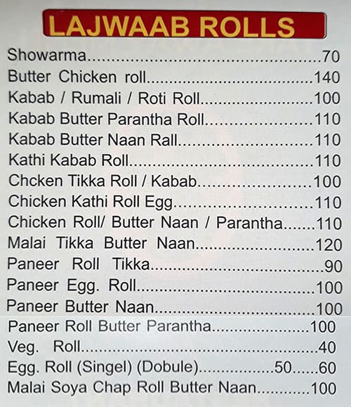 Lajwab restaurant menu