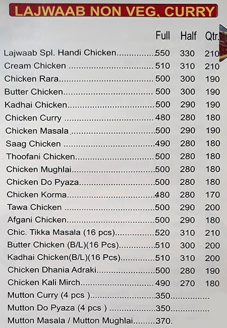 Lajwab restaurant menu