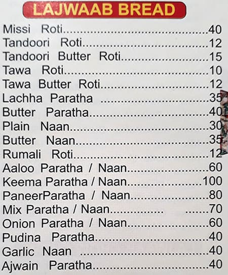 Lajwab restaurant menu
