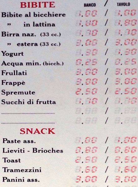 Blù bar Speisekarte