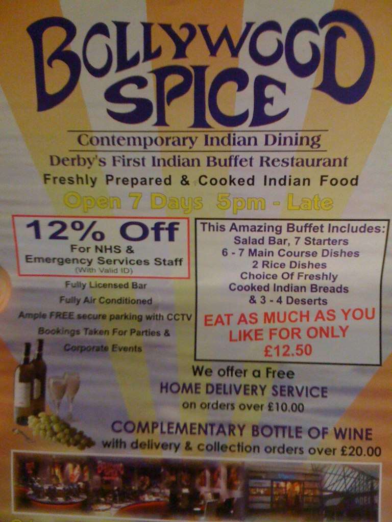 Bollywood Spice menu, Menu restauracji Bollywood Spice, Derby, East