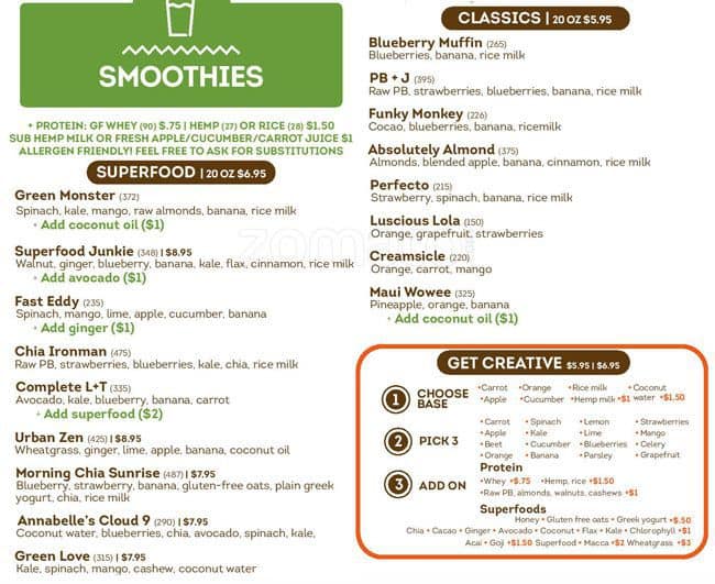 Menu at Juicy Cafe, Seattle, 400 Fairview Ave N