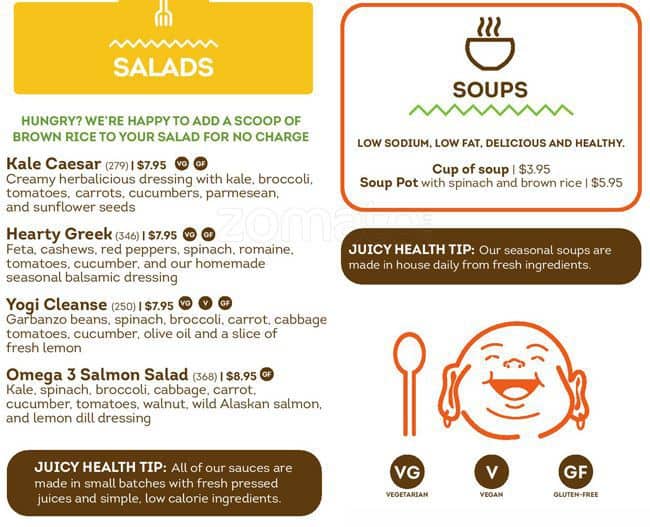Menu at Juicy Cafe, Seattle, 400 Fairview Ave N