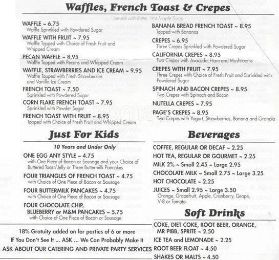 Menu at Page's Restaurant, Hinsdale