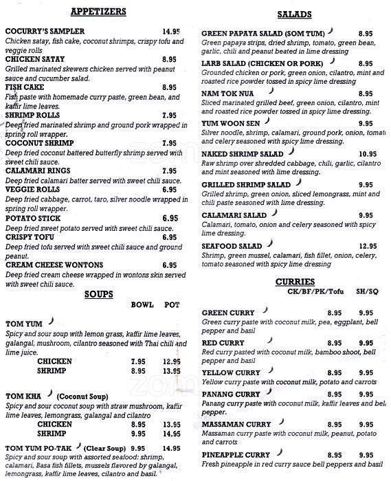 Cocurry Thai Cuisine Menu, Menu for Cocurry Thai Cuisine, Newark