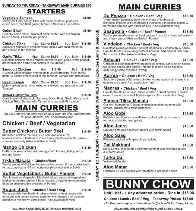 The Indian Kitchen Menü, The Indian Kitchen, Howick, Auckland için Menü