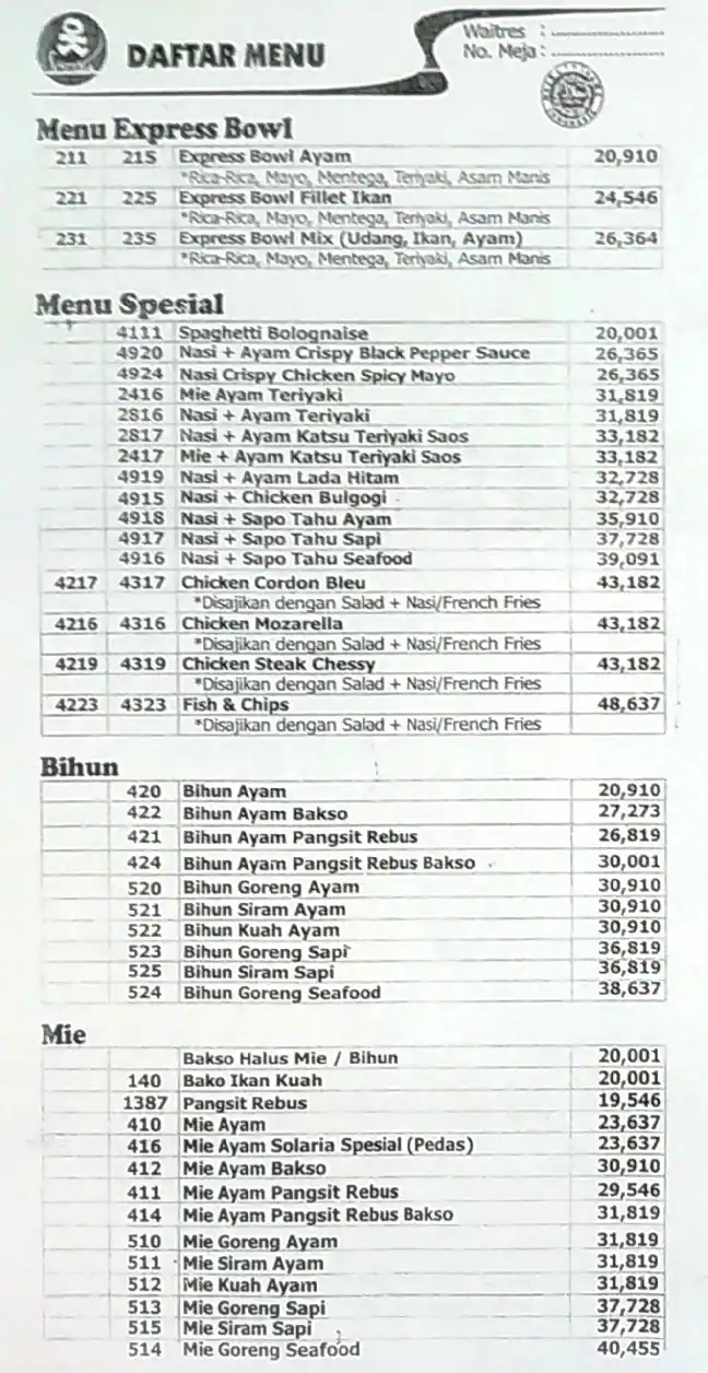 Solaria, Beji Menu