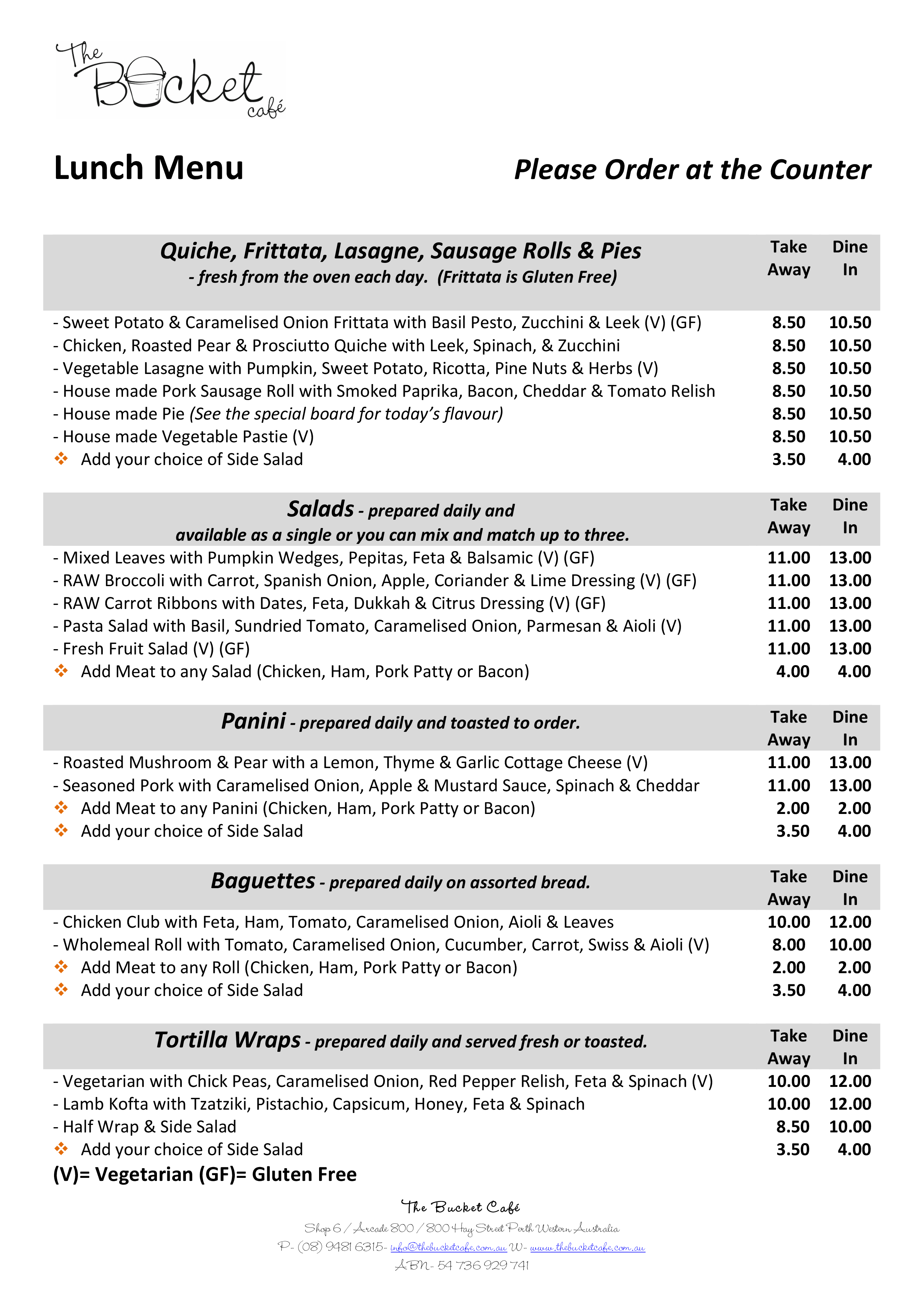 The Bucket Cafe Menu, Menu for The Bucket Cafe, Perth CBD, Perth