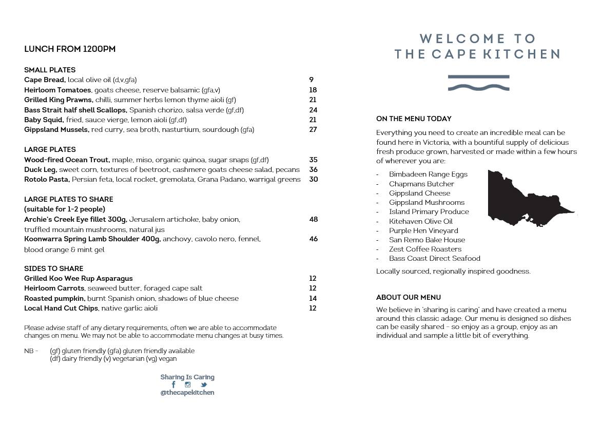 The Cape Kitchen Menu, Menu for The Cape Kitchen, Phillip Island