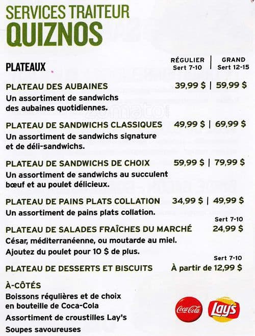 Quiznos menu