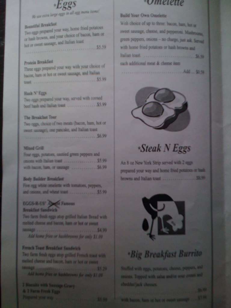 Menu at Eggs R Us restaurant, Pittsburgh