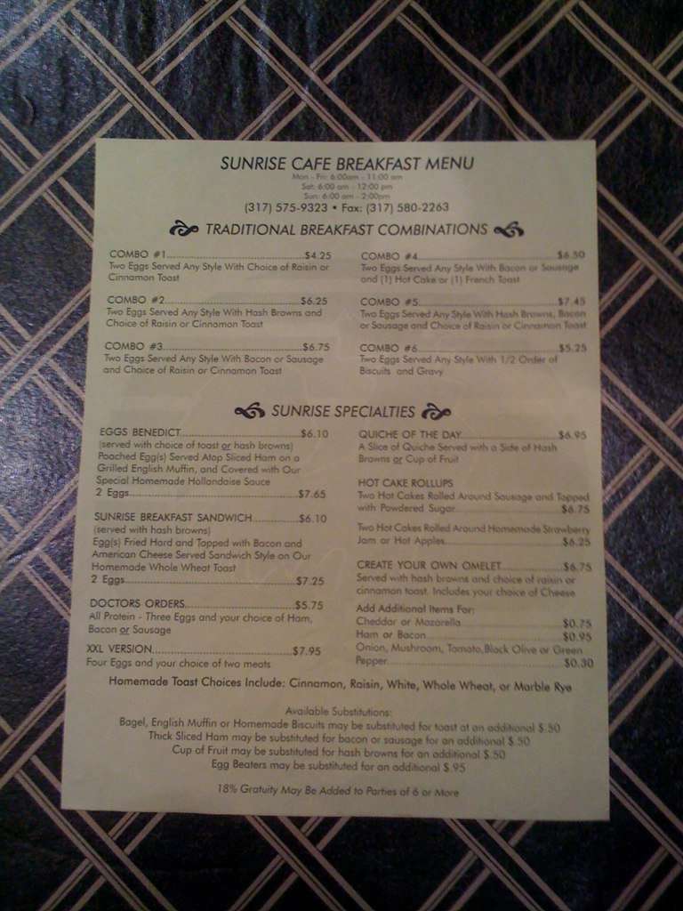Menu at Sunrise Cafe, Carmel, N Meridian St 140