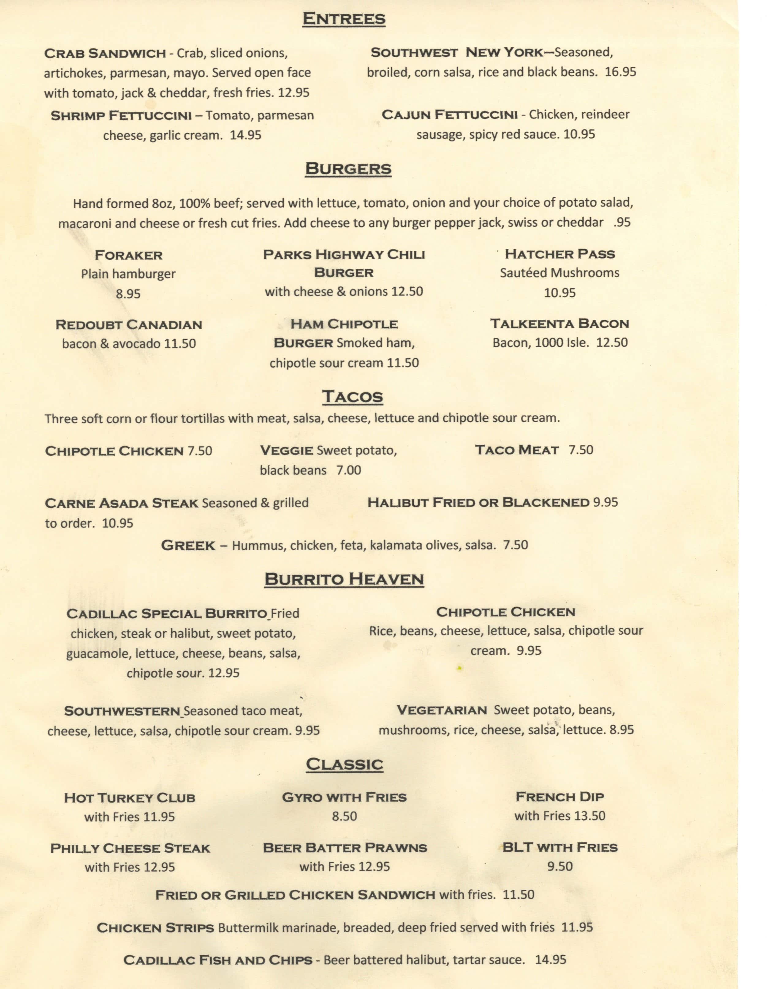 Menu at Cadillac Cafe, Meadow Lakes