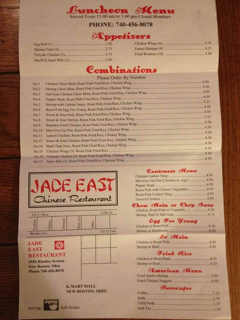 Menu at Jade East restaurant, New Boston