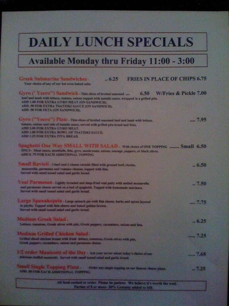 Menu at Founaris Brothers Greek pizzeria, Pensacola