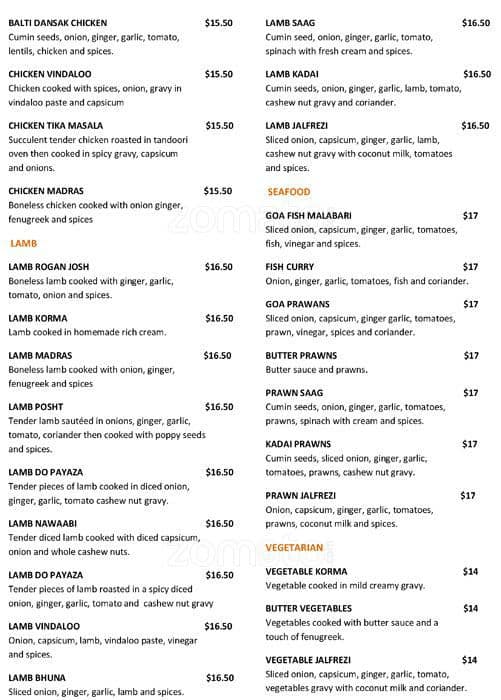 Menu at Cinnamon Spice Indian Cuisine restaurant, Christchurch