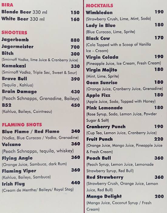 Menu at Cafe Jazz, Candolim, Prop. Vishvanath Hebbalkar