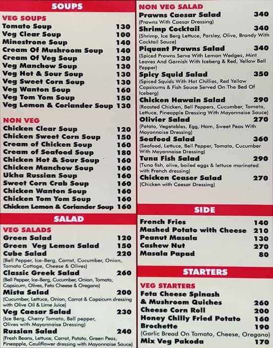 Menu of Cafe Jazz, Candolim, Goa