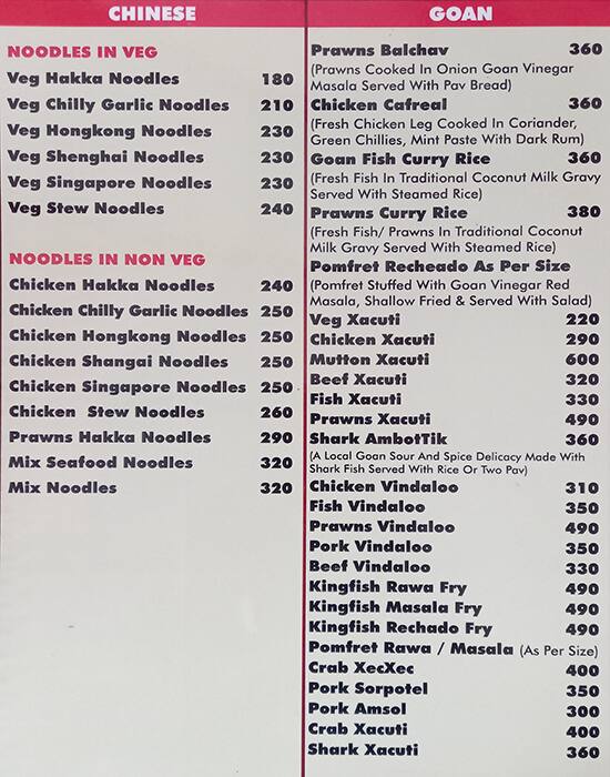 Menu at Cafe Jazz, Candolim, Prop. Vishvanath Hebbalkar